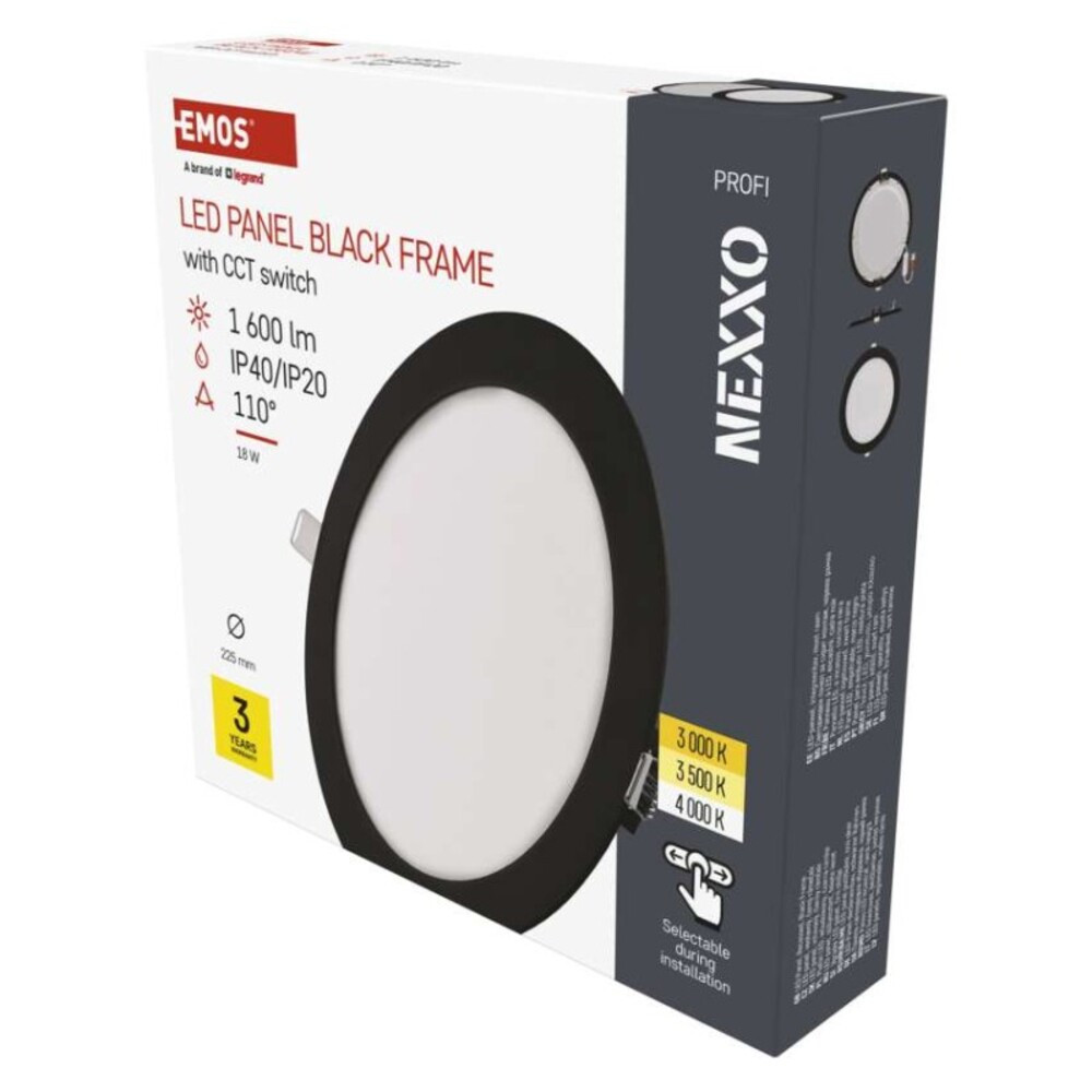 LED süllyesztett lámpatest NEXXO, kerek, fekete, 18W, CCT, 1600, 220–240V, CRI> 82, IP40/IP20, EMOS, ZD1343