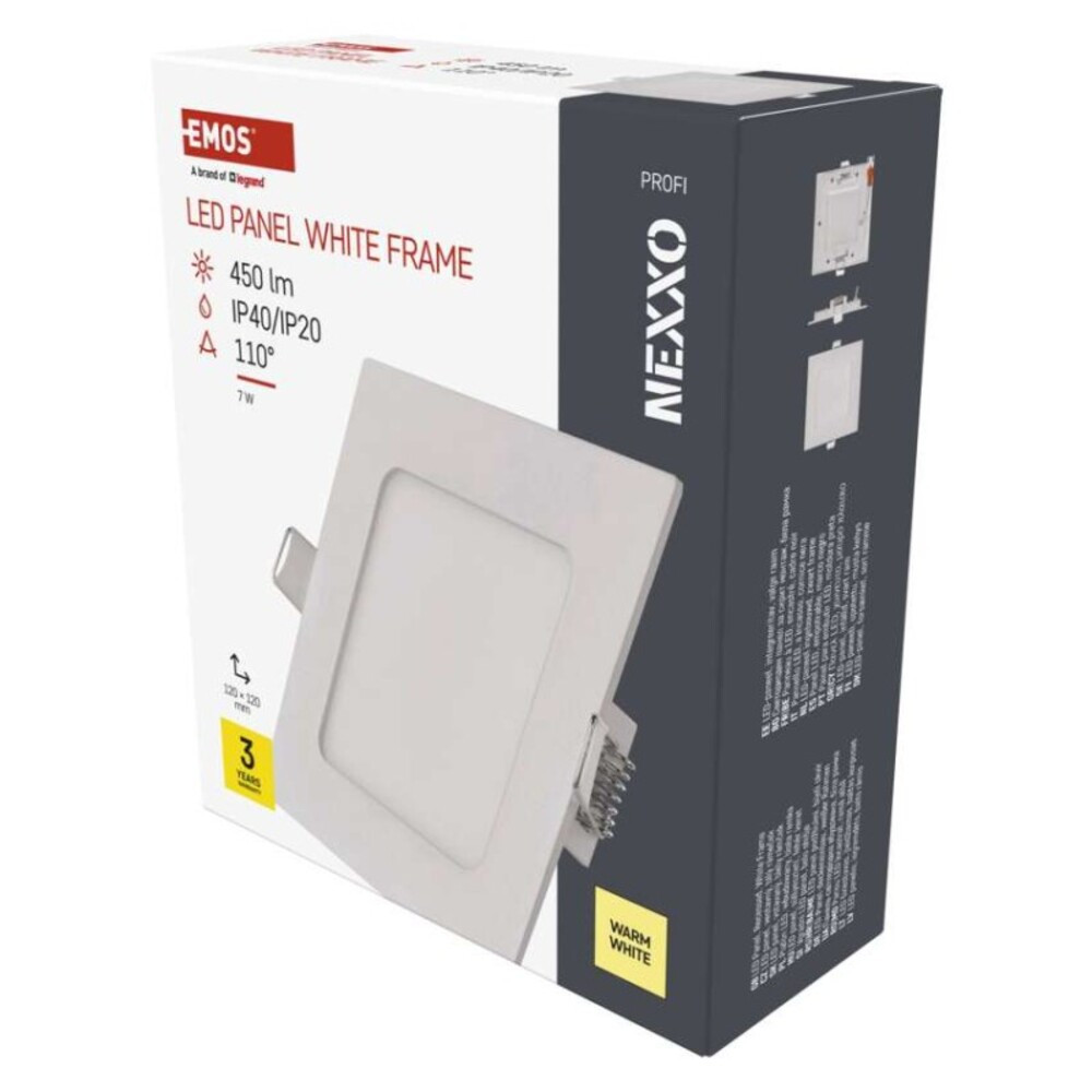 LED süllyesztett lámpatest NEXXO, négyzet, fehér, 7W, meleg fehér, 3000K, 450, 220–240V, CRI> 82, IP40/IP20, EMOS, ZD2124