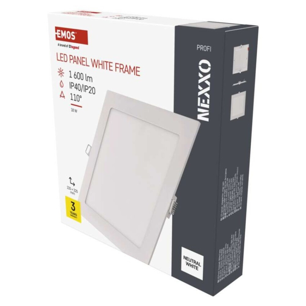 LED süllyesztett lámpatest NEXXO, négyzet, fehér, 18W, természetes fehér, 4000K, 1600, 220–240V, CRI> 82, IP40/IP20, EMOS, ZD2145