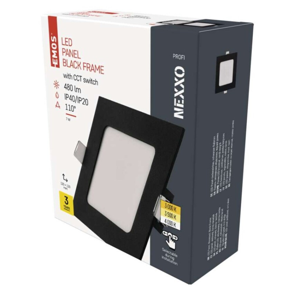 LED süllyesztett lámpatest NEXXO, négyzet, fekete, 7W, CCT, 480, 220–240V, CRI> 82, IP40/IP20, EMOS, ZD2323