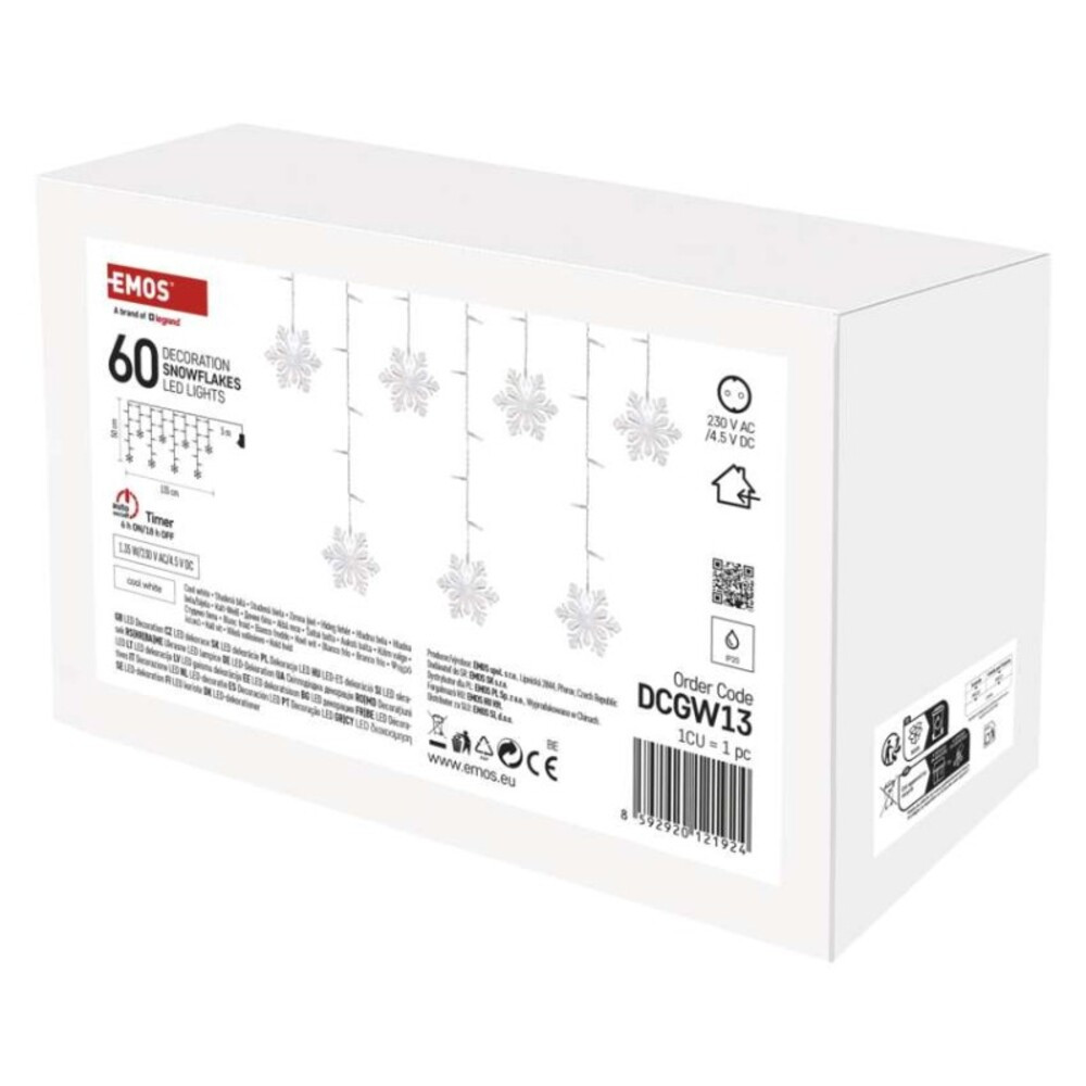 LED karácsonyi fényfüggöny – hópelyhek, 135x50 cm, beltéri, hideg fehér, IP20, EMOS, DCGW13