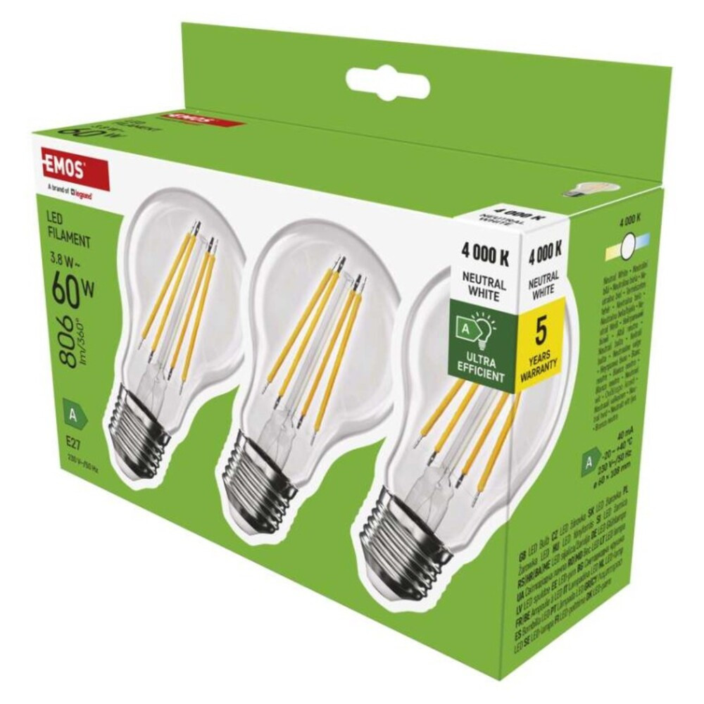 LED izzó Filament A60 A CLASS/ E27, 3,8 W (60 W), 806 lm, természetes fehér, 4000K, 230V, CRI>80, EMOS, ZF5148.3