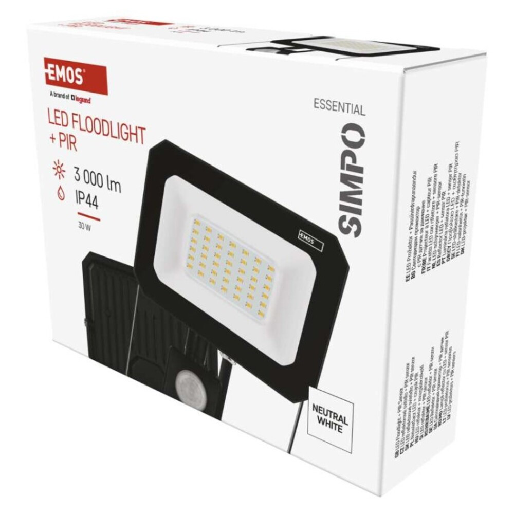 LED reflektor SIMPO PIR 30 W természetes fehér, 4000K, 3000, 220–240V, CRI> 80, fekete, IP44, EMOS, ZS2333