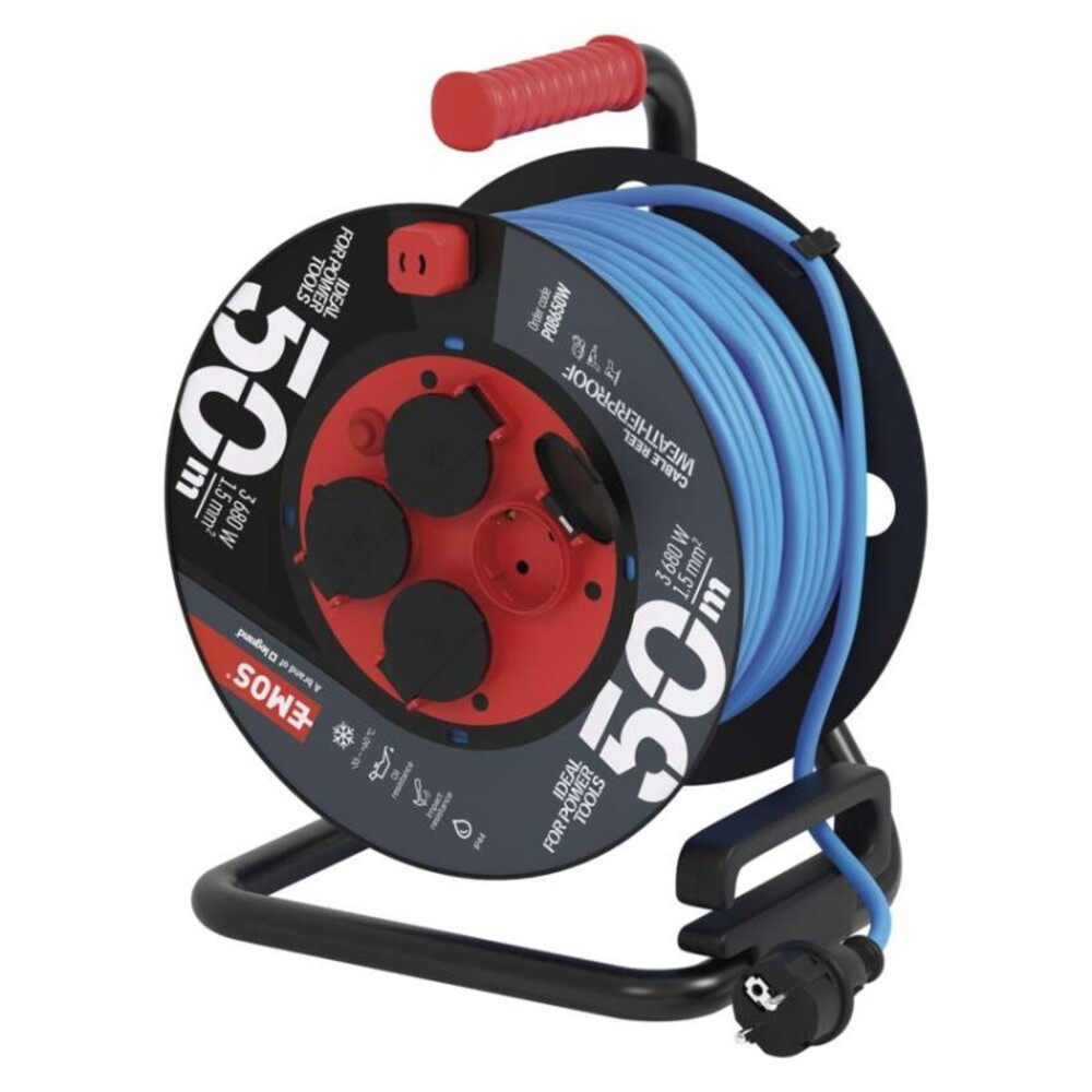Fagyásálló kábeldob 50 m, 4 aljzat, kék, PVC, 230 V, 1,5 mm2, 230V, IP44, EMOS, P08650W