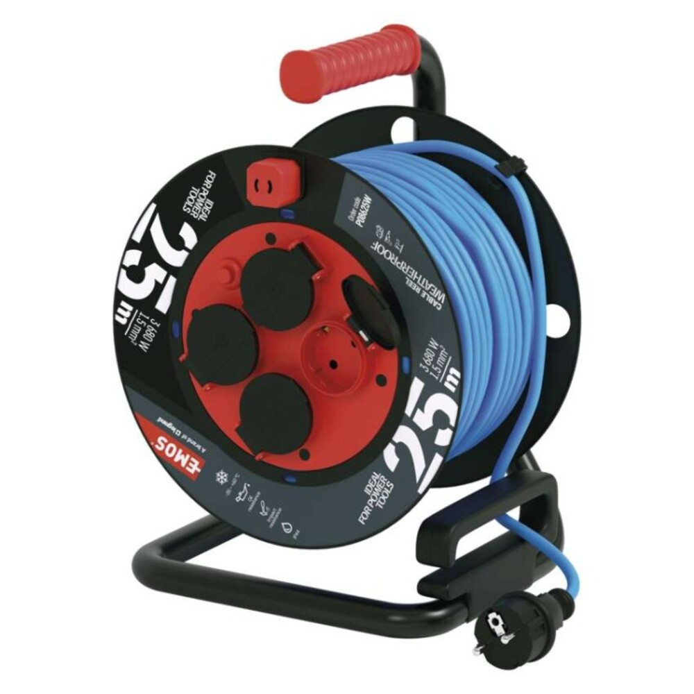 Fagyásálló kábeldob 25 m, 4 aljzat, kék, PVC, 230 V, 1,5 mm2, 230V, IP44, EMOS, P08625W