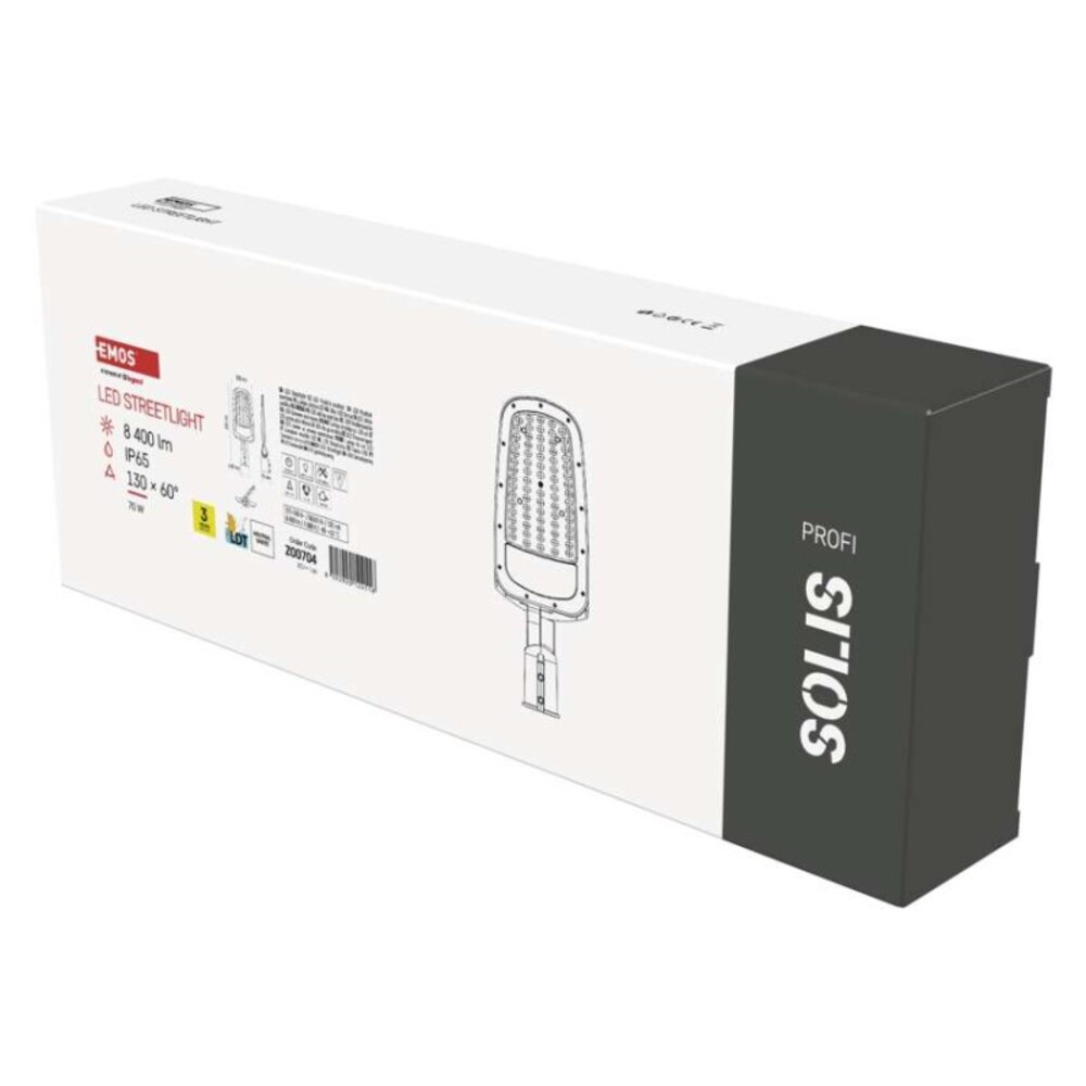 LED-es közvilágítási lámpatest SOLIS 70W, 8400 lm, semleges fehér, 4000K, 220–240V, CRI> 80, szürke, Természetes fehér, IP65, EMOS, ZO0704