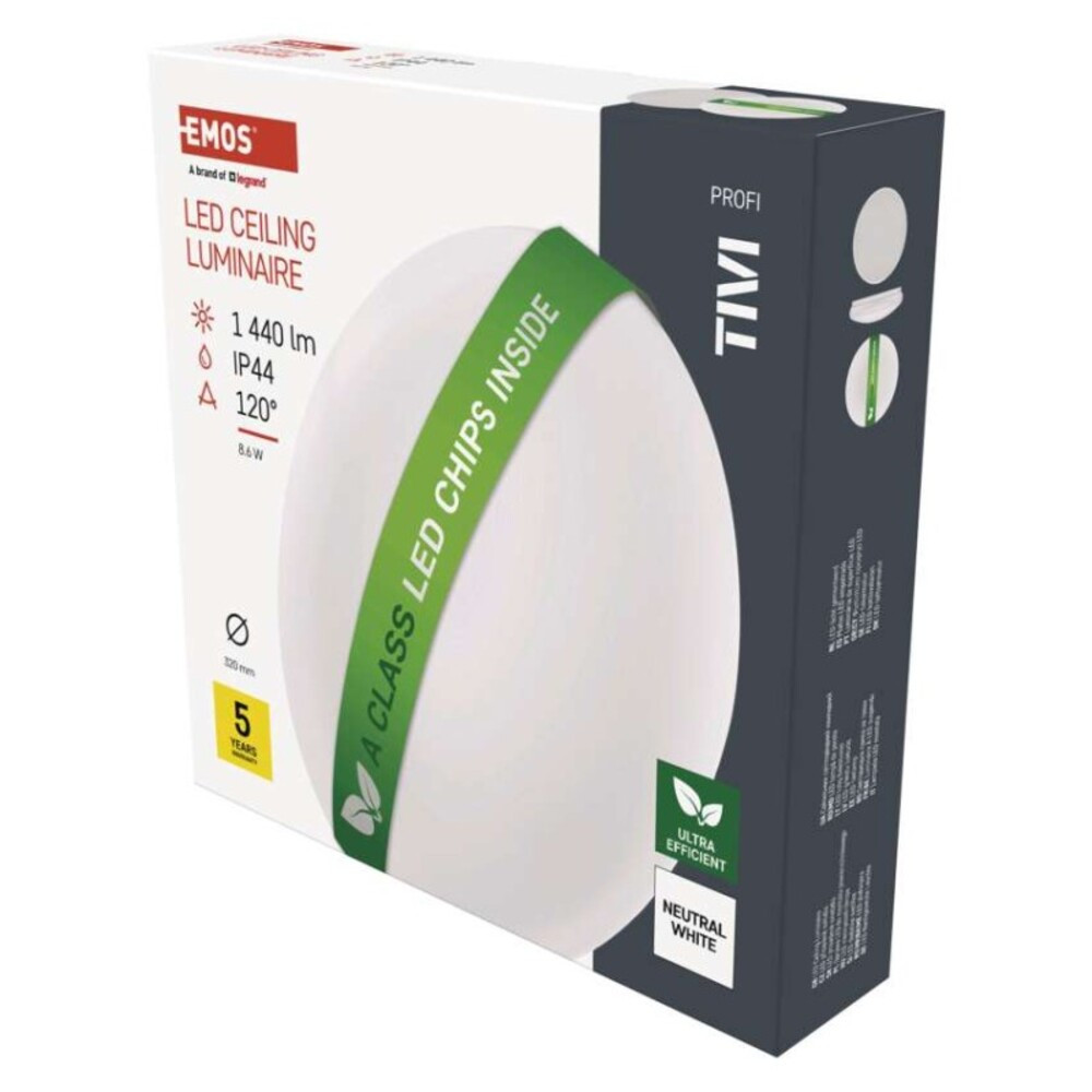 LED mennyezeti lámpatest TIVI, A CLASS, kerek, fehér 8,6W, IP44, Természetes fehér, 4000K, 1440, 220–240V, CRI> 80, EMOS, ZM3406