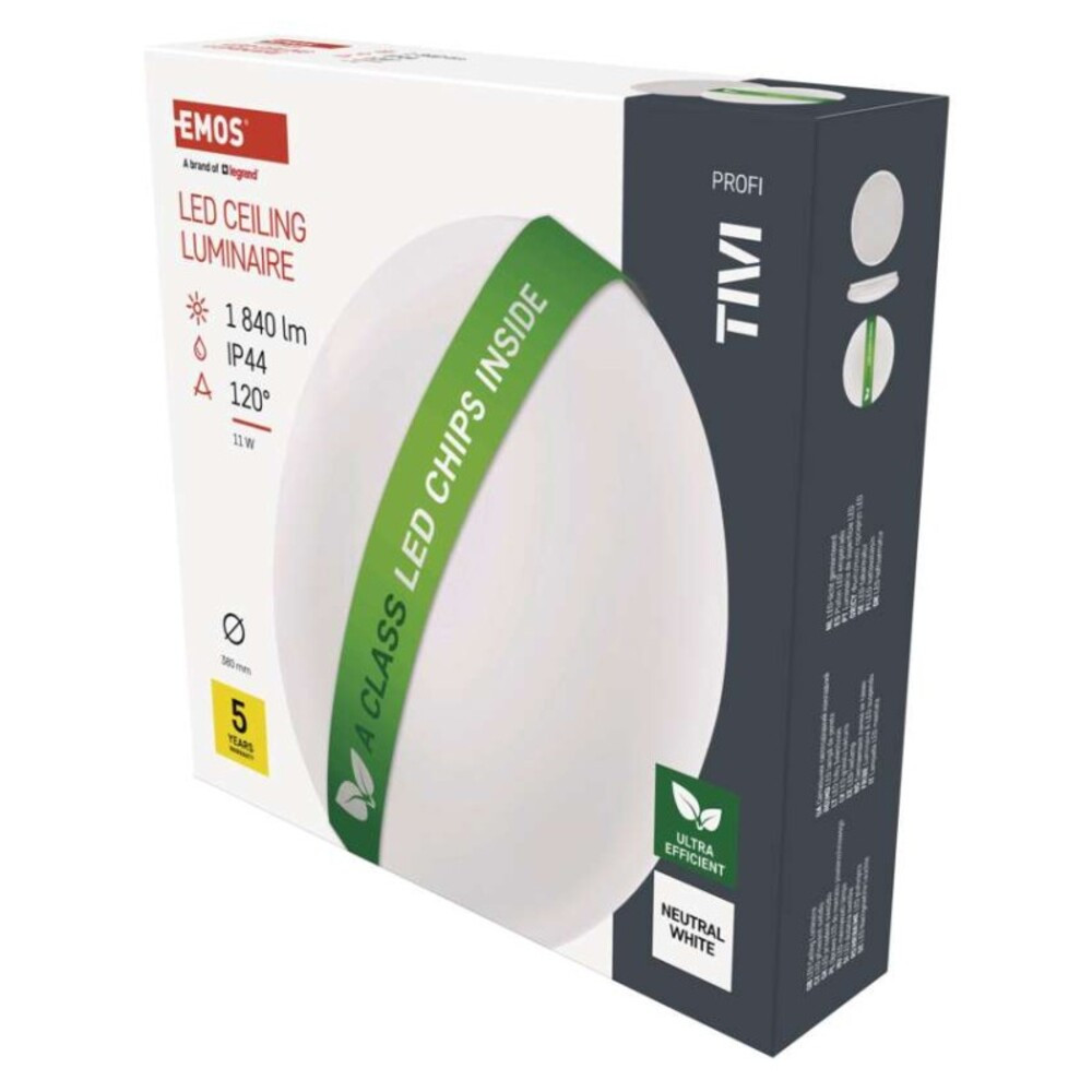 LED mennyezeti lámpatest TIVI, A CLASS, kerek, fehér 11W, IP44, Természetes fehér, 4000K, 1840, 220–240V, CRI> 80, EMOS, ZM3407