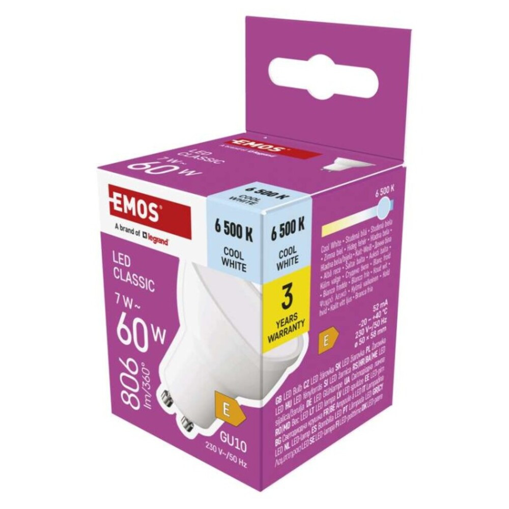LED izzó Classic MR16, GU10, 7 W (60 W), 806 lm, Hideg fehér, 6500K, 230V, CRI>80, EMOS, ZQ8E44
