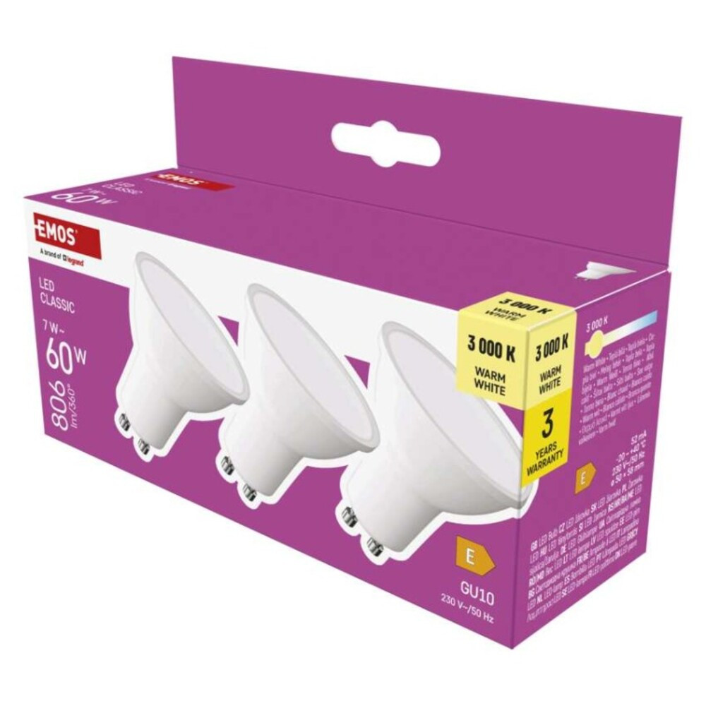 LED izzó Classic MR16, GU10, 7 W (60 W), 806 lm, Meleg fehér, 3000K, 230V, CRI>80, EMOS, ZQ8E42.3