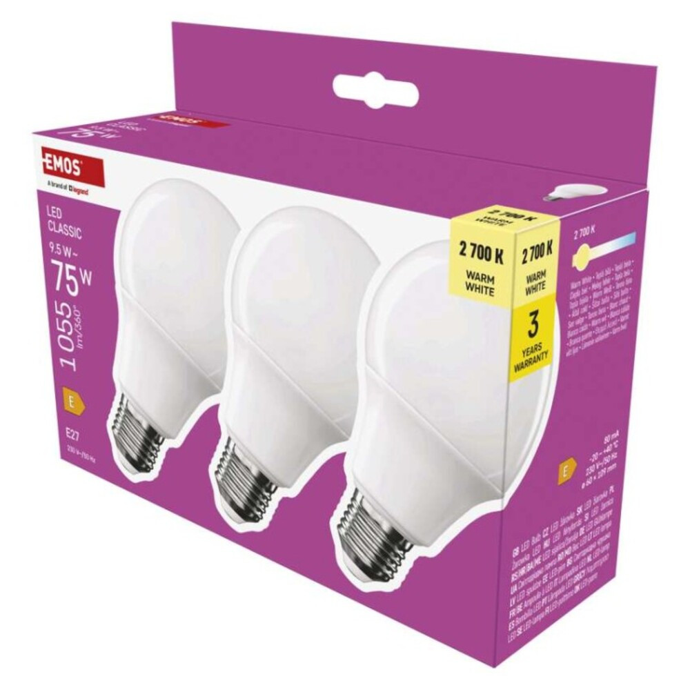 LED izzó Classic A60, E27, 9,5 W (75 W), 1055 lm, Meleg fehér, 2700K, 230V, CRI>80, EMOS, ZQ5E51.3