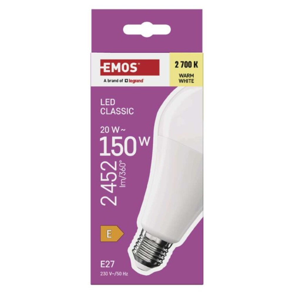 LED izzó Classic A80, E27, 20 W (150 W), 2452 lm, Meleg fehér, 2700K, 230V, CRI>80, EMOS, ZQ5E81
