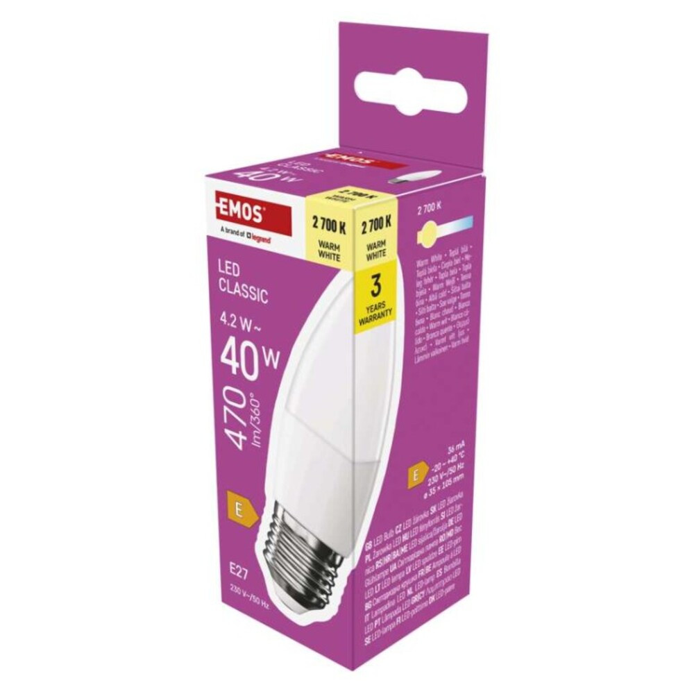 LED izzó Classic gyertya, E27, 4,2 W (40 W), 470 lm, Meleg fehér, 2700K, 230V, CRI>80, EMOS, ZQ4E21