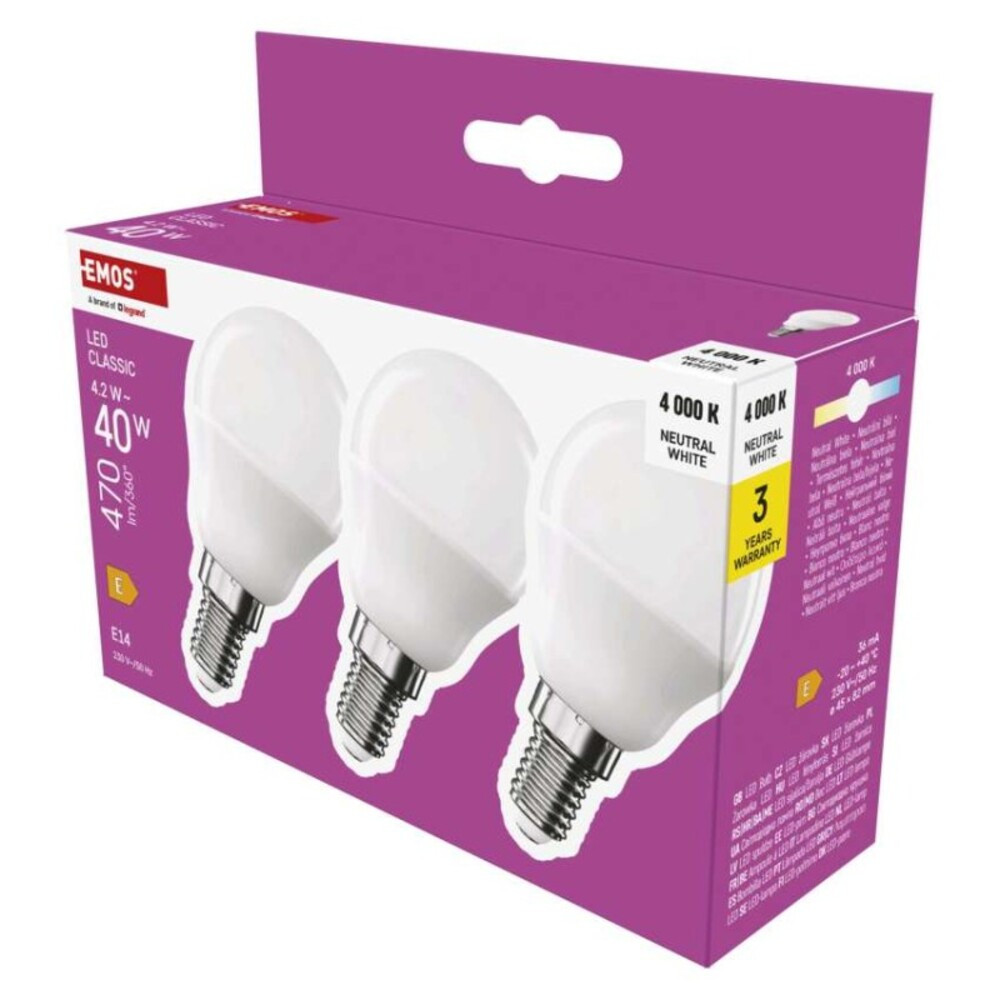 LED izzó Classic Mini Globe, E14, 4,2 W (40 W), 470 lm, Természetes fehér, 4000K, 230V, CRI>80, EMOS, ZQ1E23.3