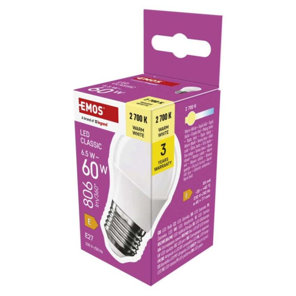 LED izzó Classic Mini Globe, E27, 6,5 W (60 W), 806 lm, Meleg fehér, 2700K, 230V, CRI>80, EMOS, ZQ6E41