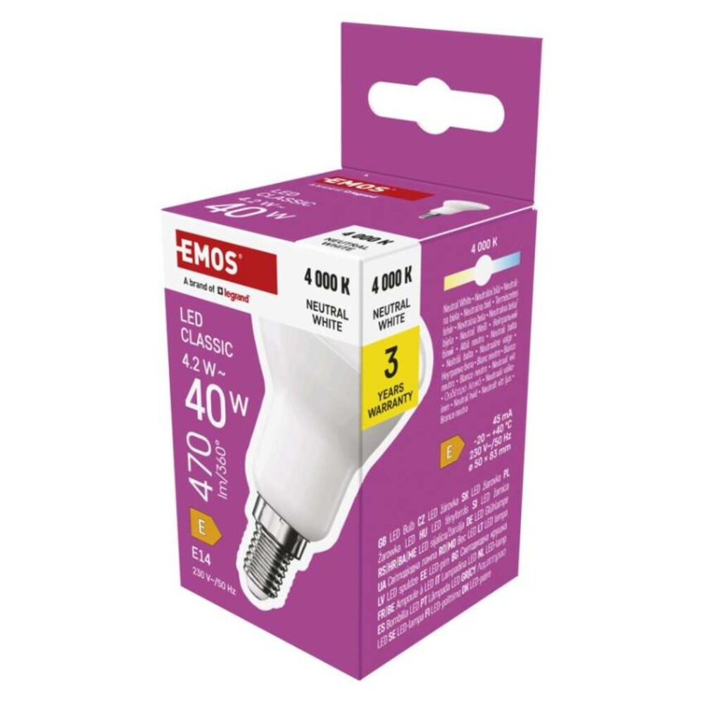 LED izzó Classic R50, E14, 4,2 W (40 W), 470 lm, Természetes fehér, 4000K, 230V, CRI>80, EMOS, ZQ7E23