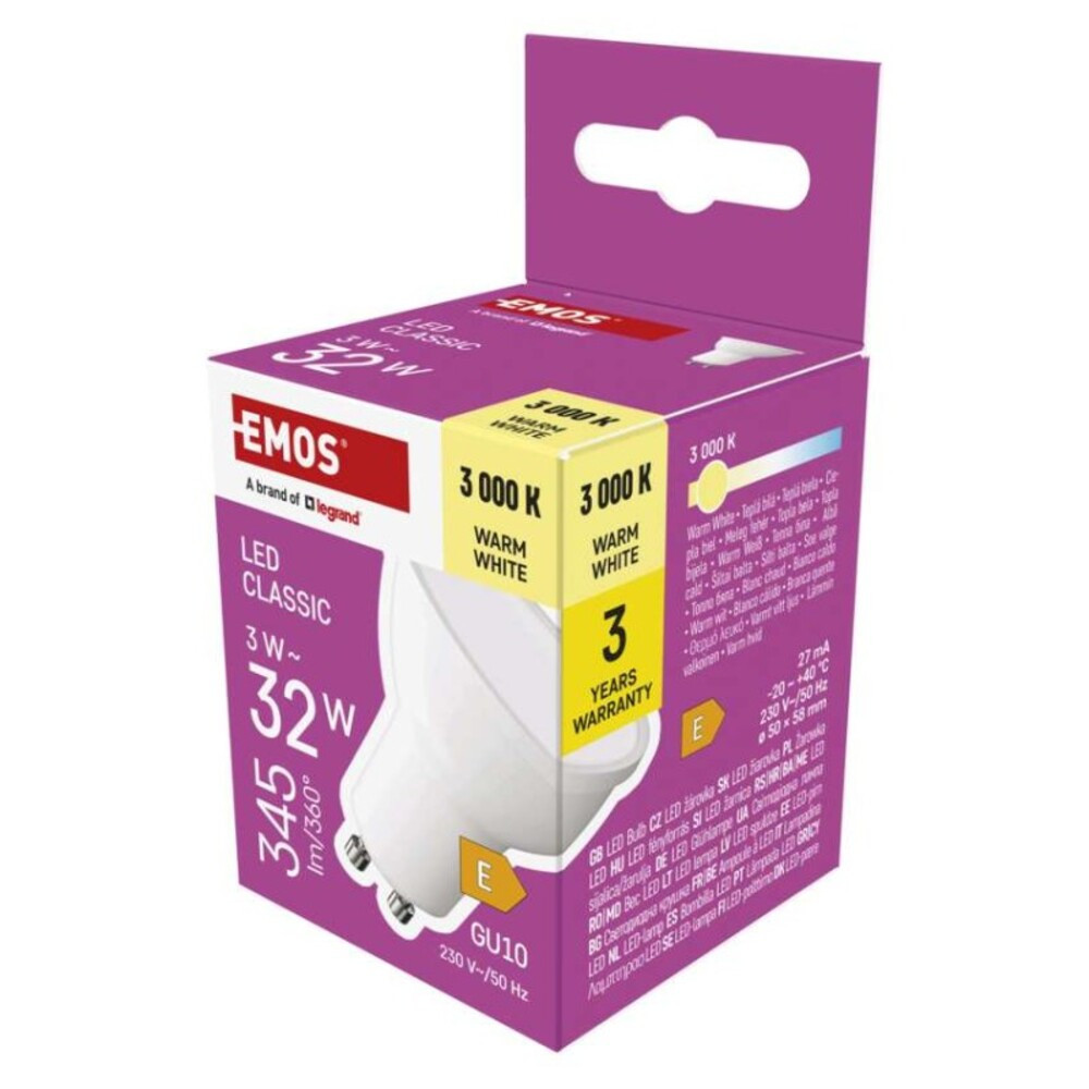 LED izzó Classic MR16 fehér/ GU10, 3 W (32 W), 345 lm, Meleg fehér, 3000K, 230V, CRI>80, EMOS, ZQ8E12