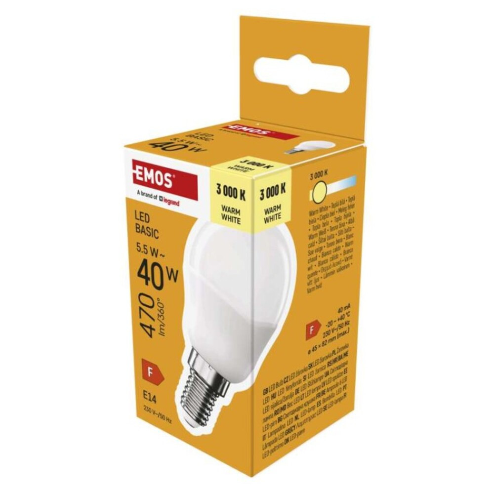 LED izzó Basic Mini Globe, E14, 5,5 W (40 W), 470 lm, Meleg fehér, 3000K, 230V, CRI>80, EMOS, ZL1F22
