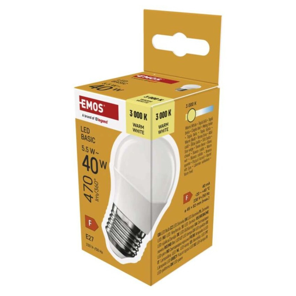 LED izzó Basic Mini Globe, E27, 5,5 W (40 W), 470 lm, Meleg fehér, 3000K, 230V, CRI>80, EMOS, ZL6F22