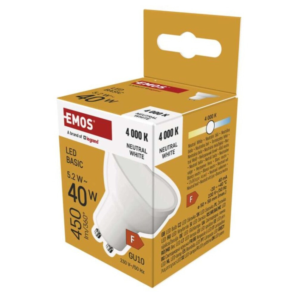 LED izzó Basic MR16, GU10, 5,2 W (40 W), 450 lm, Természetes fehér, 4000K, 230V, CRI>80, EMOS, ZL8F23