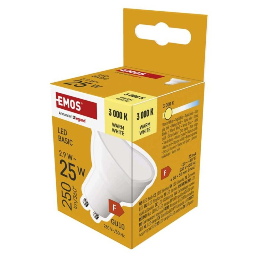 LED izzó Basic MR16, GU10, 2,9 W (25 W), 250 lm, Meleg fehér, 3000K, 230V, CRI>80, EMOS, ZL8F02