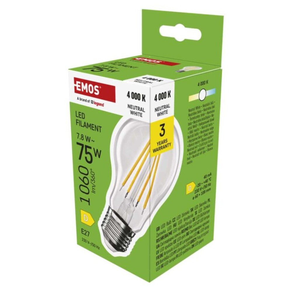 LED izzó Filament A60, E27, 7,8 W (75 W), 1060 lm, Természetes fehér, 4000K, 230V, CRI>80, EMOS, ZF5D53