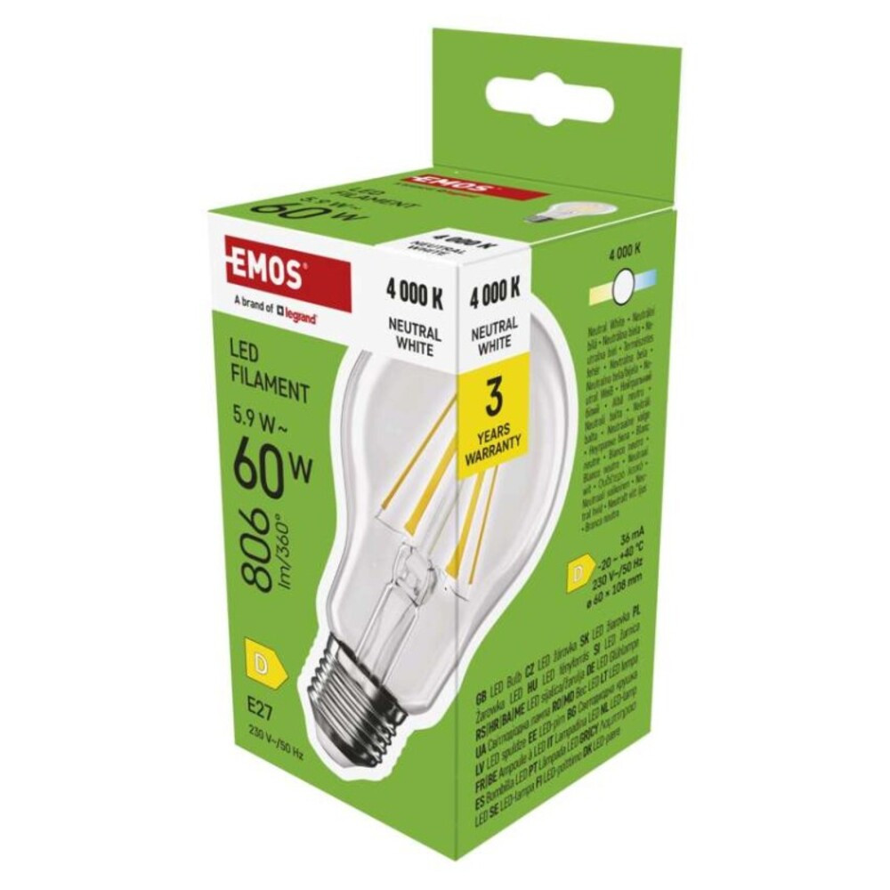 LED izzó Filament A60, E27, 5,9 W (60 W), 806 lm, Természetes fehér, 4000K, 230V, CRI>80, EMOS, ZF5D43