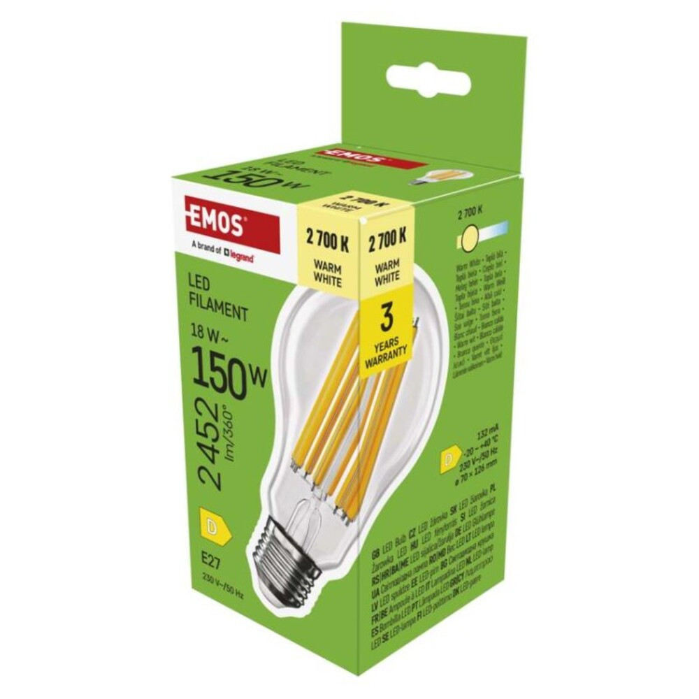 LED izzó Filament A70, E27, 18 W (150 W), 2452 lm, Meleg fehér, 2700K, 230V, CRI>80, EMOS, ZF5D82