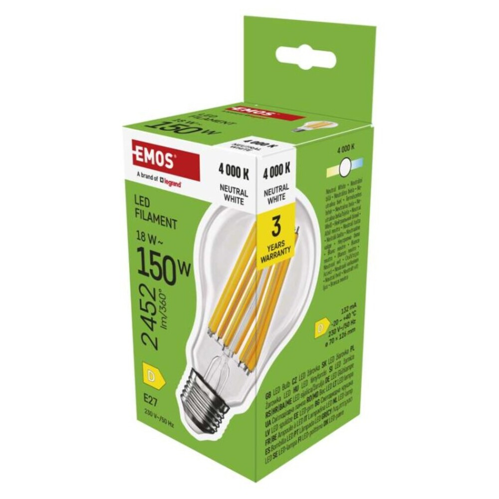 LED izzó Filament A70, E27, 18 W (150 W), 2452 lm, Természetes fehér, 4000K, 230V, CRI>80, EMOS, ZF5D83