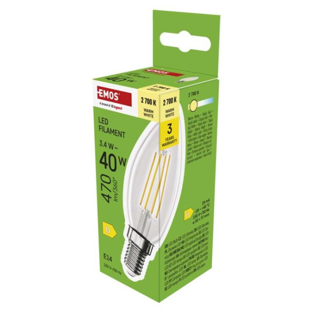 LED izzó Filament gyertya, E14, 3,4 W (40 W), 470 lm, Meleg fehér, 2700K, 230V, CRI>80, EMOS, ZF3D22
