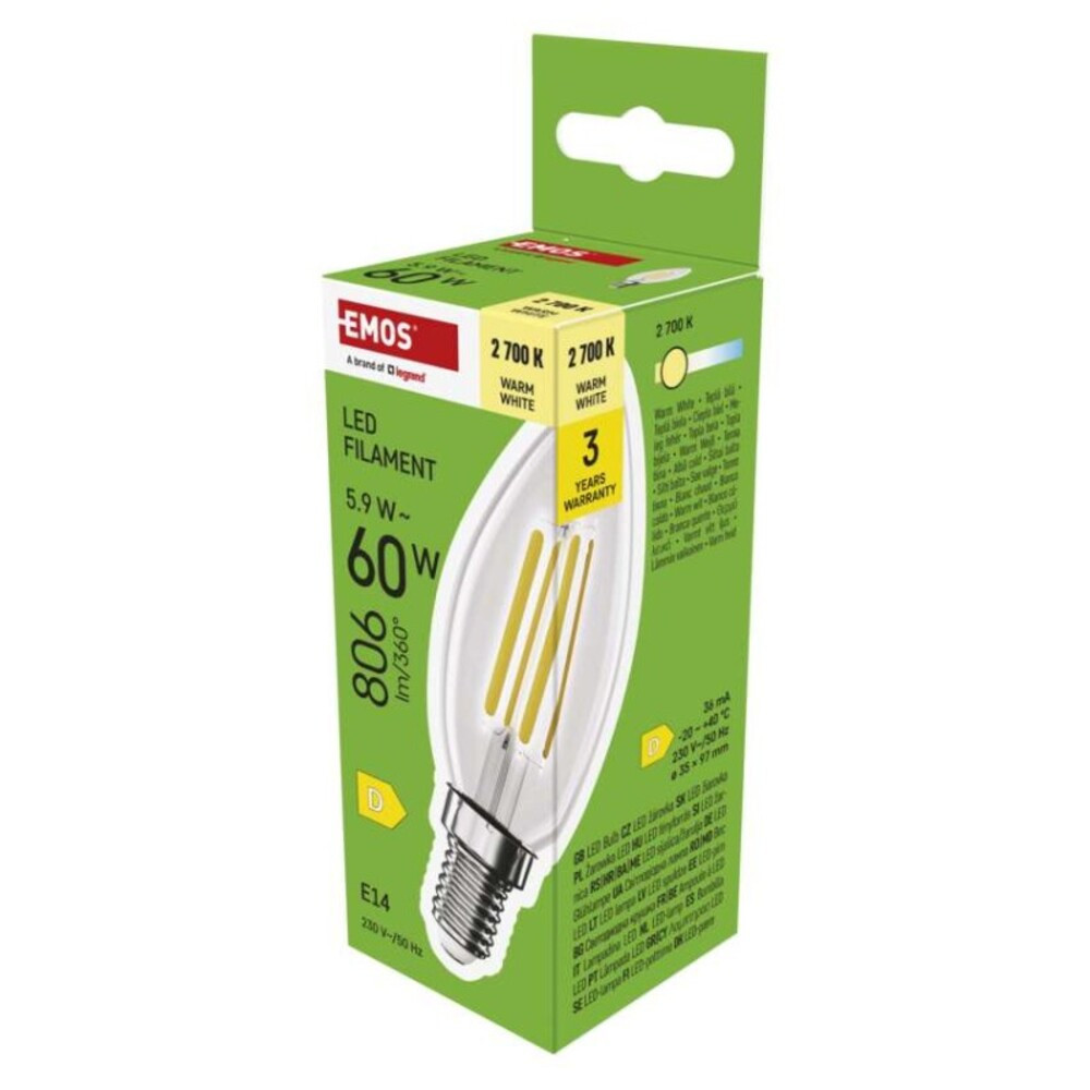 LED izzó Filament gyertya, E14, 5,9 W (60 W), 806 lm, Meleg fehér, 2700K, 230V, CRI>80, EMOS, ZF3D42