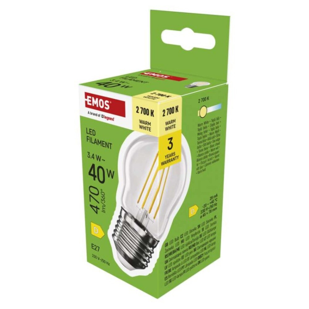 LED izzó Filament Mini Globe, E27, 3,4 W (40 W), 470 lm, Meleg fehér, 2700K, 230V, CRI>80, EMOS, ZF6D22