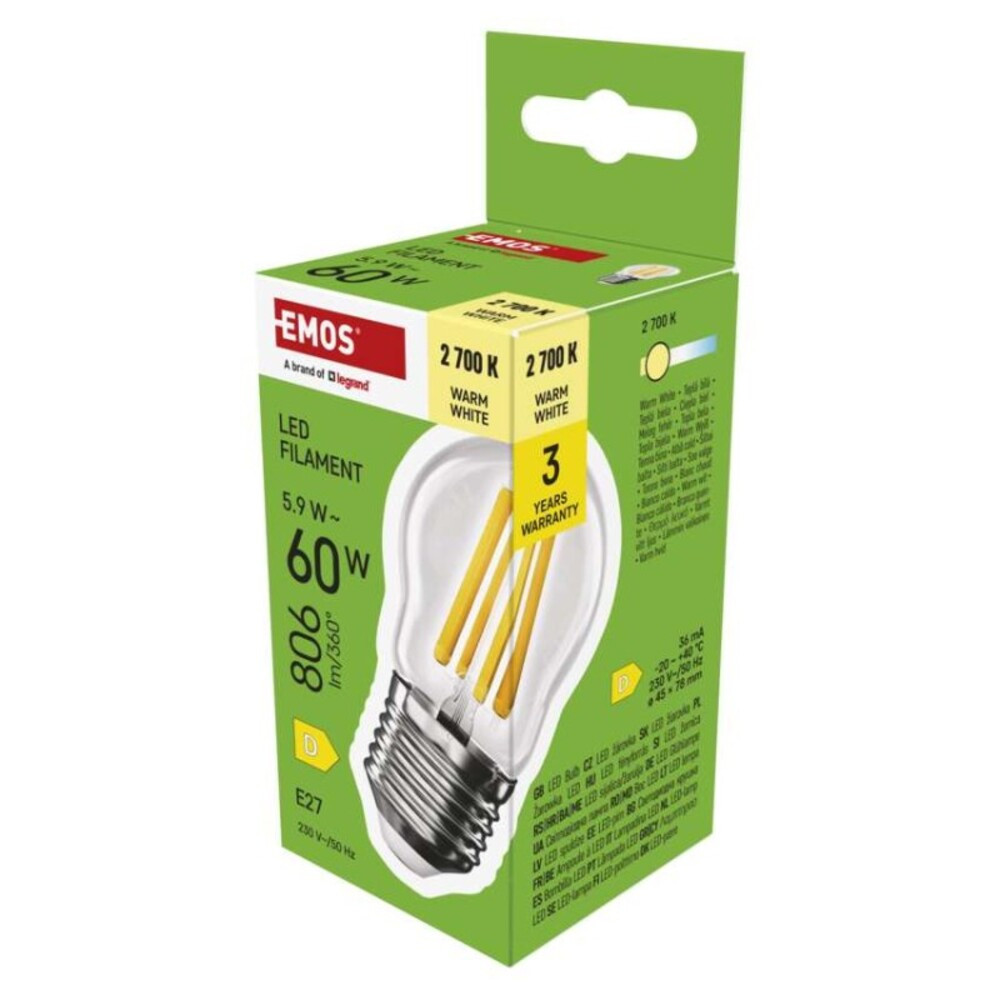 LED izzó Filament Mini Globe, E27, 5,9 W (60 W), 806 lm, Meleg fehér, 2700K, 230V, CRI>80, EMOS, ZF6D42