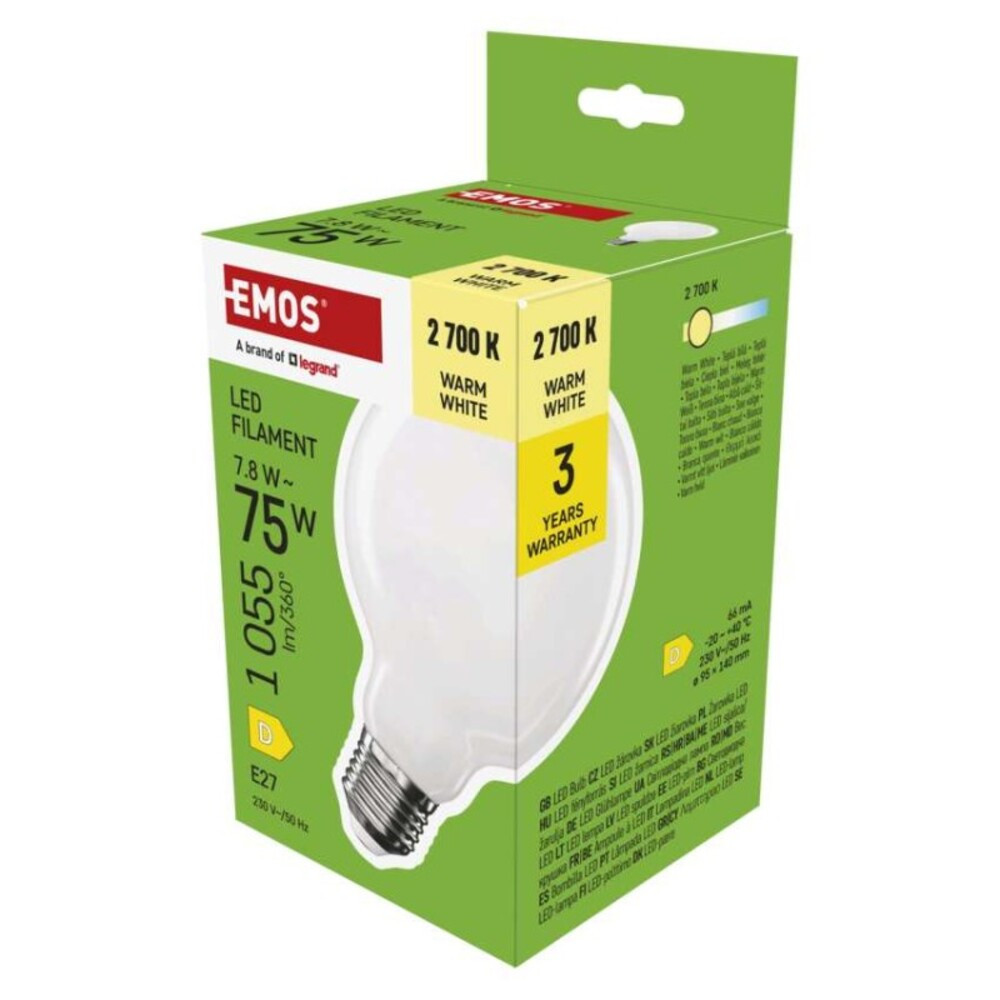 LED izzó Filament G95, E27, 7,8 W (75 W), 1055 lm, Meleg fehér, 2700K, 230V, CRI>80, EMOS, ZF2D52