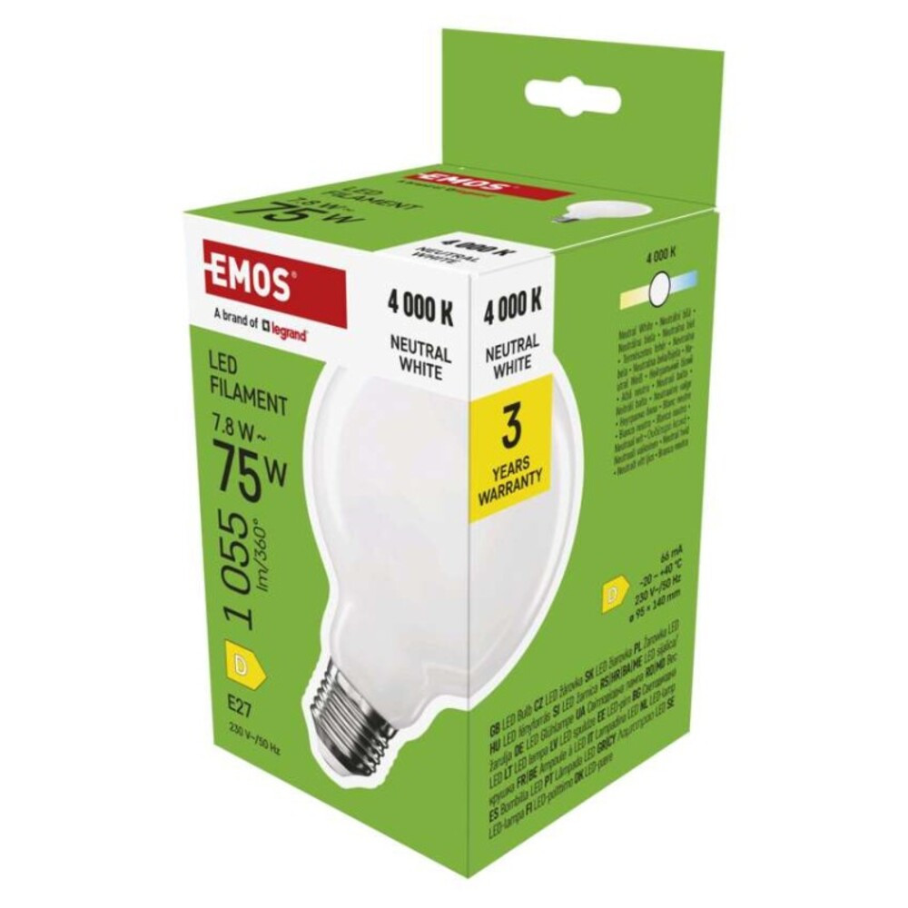 LED izzó Filament G95, E27, 7,8 W (75 W), 1055 lm, Természetes fehér, 4000K, 230V, CRI>80, EMOS, ZF2D53