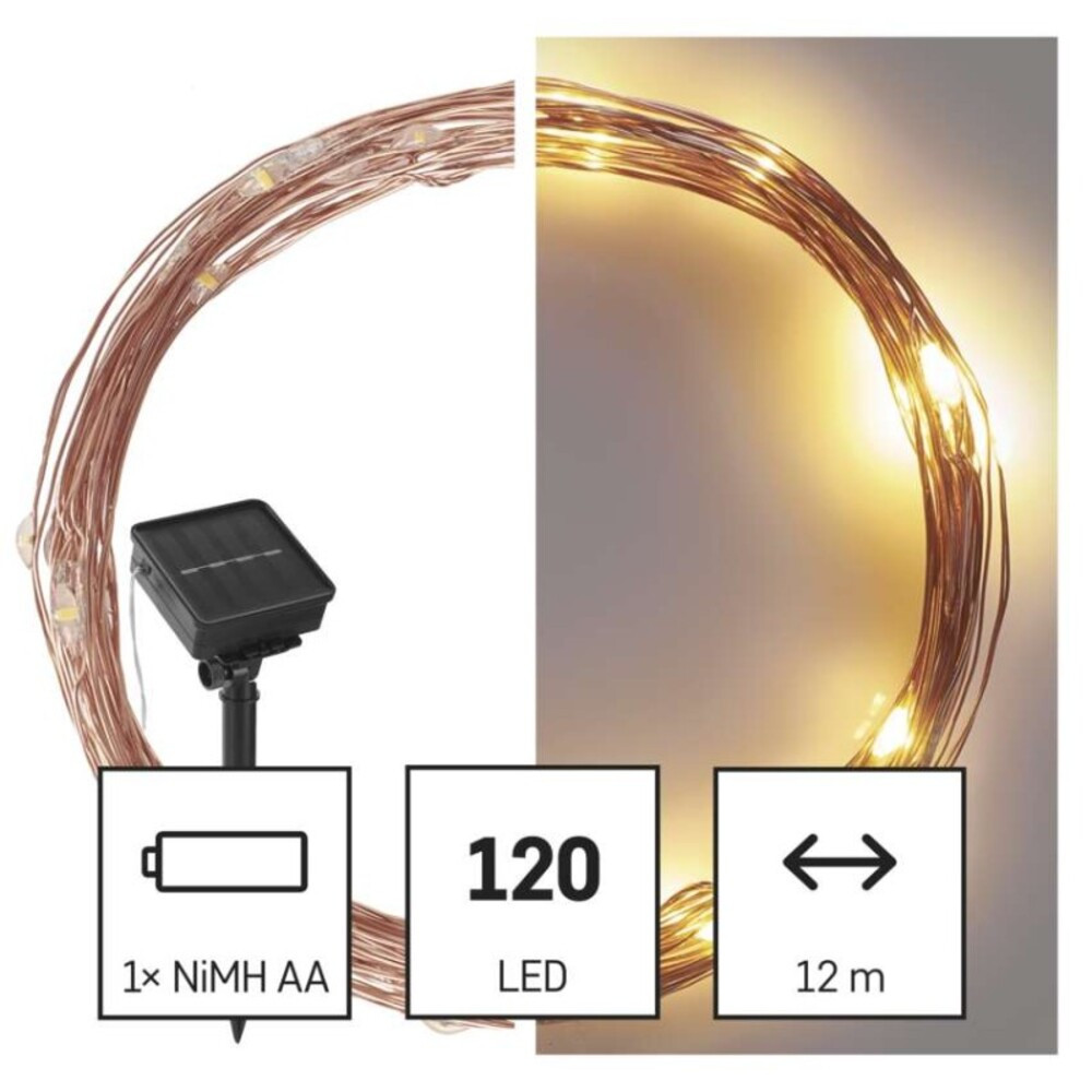 LED nano lánc napelemmel, réz, 12 m, kültéri és beltéri, meleg fehér, időzítő, IP44, EMOS, D3ZW01