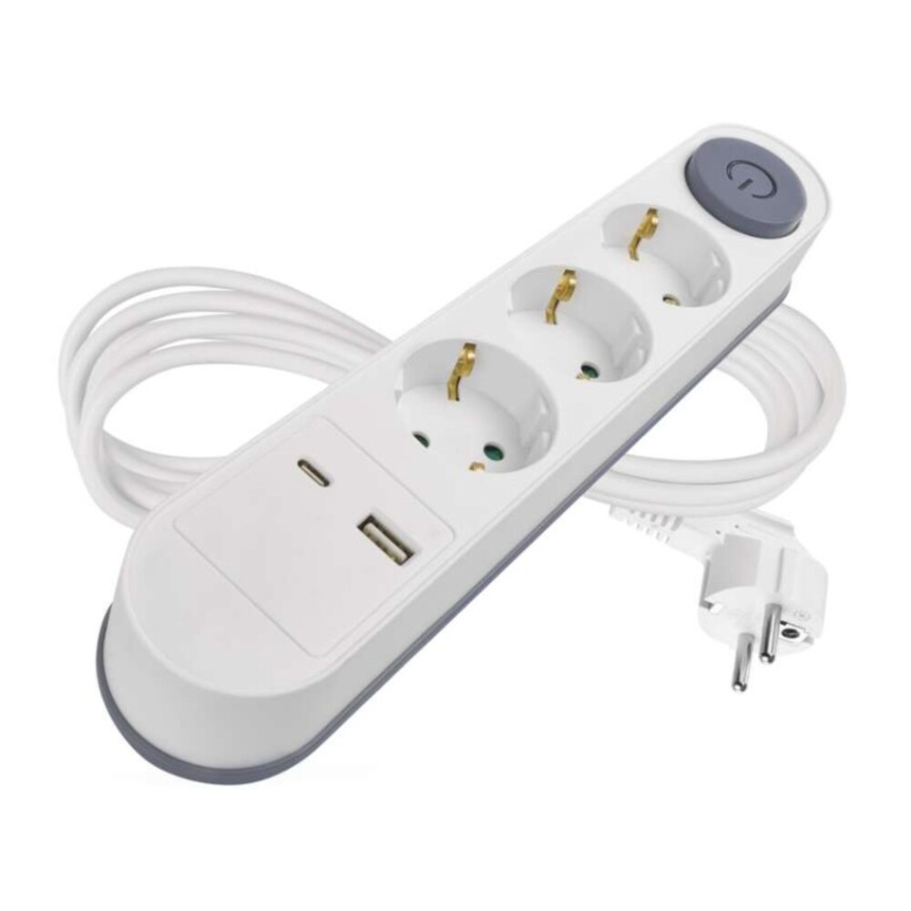 Hosszabbító 2 m, 3 aljzat, kapcsolós, fehér, 1× USB-A + 1× USB-C , 1,5 mm2, fehér, szürke, EMOS, P1322PD