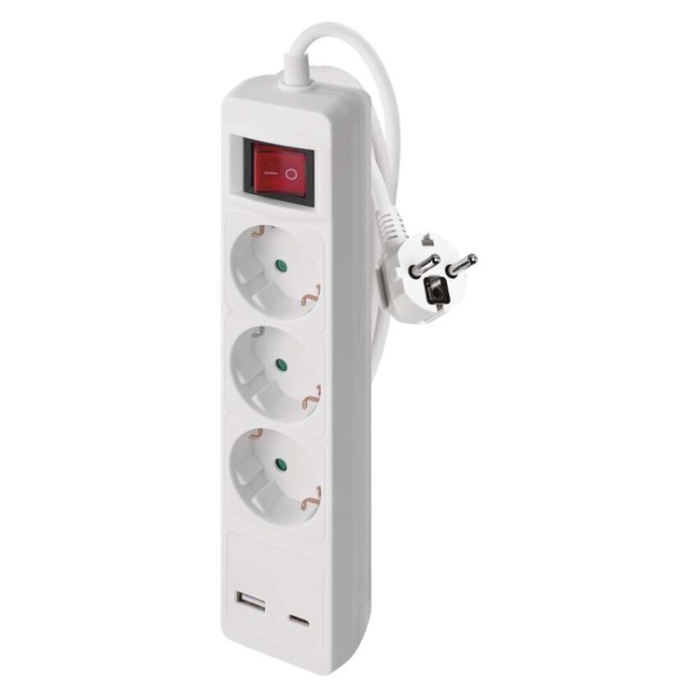 Hosszabbító 2 m, 3 aljzat, kapcsolós, fehér, 1× USB-A + 1× USB-C , 1,5 mm2, EMOS, P1322CU