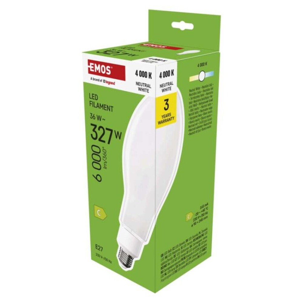 LED izzó Filament ED90, E27, 36 W (327 W), 6 000 lm, természetes fehér, 4000K, 6000, 230V, CRI>80, EMOS, ZF5751