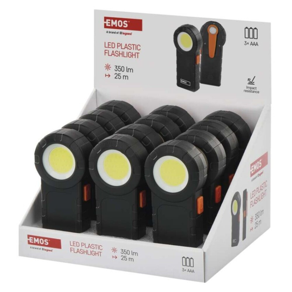 COB LED ZSEBLÁMPA, 3× AAA 12 DB, 350, fekete, EMOS, P4715