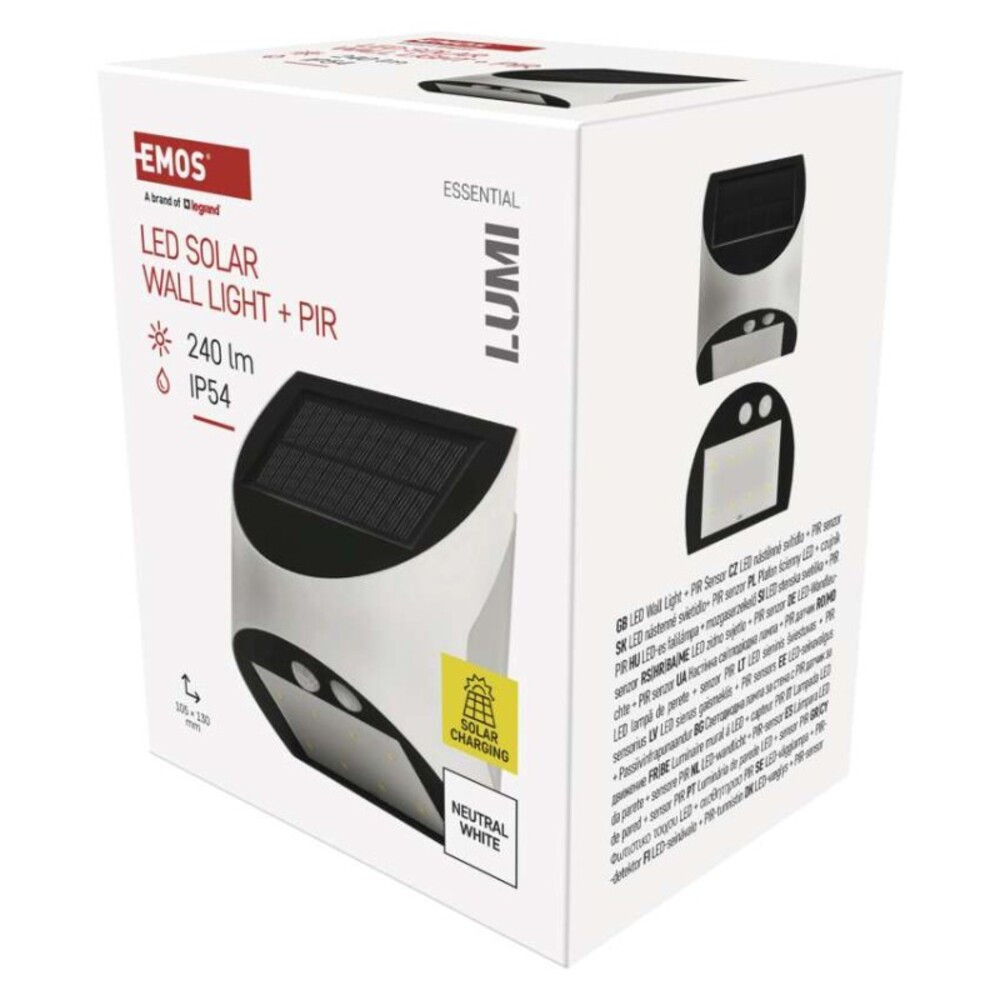 EMOS LED SOLAR lámpatest LUMI PIR, 240lm IP54 természetes fehér, 4000K, 3,7V, CRI> 80, ZG172S