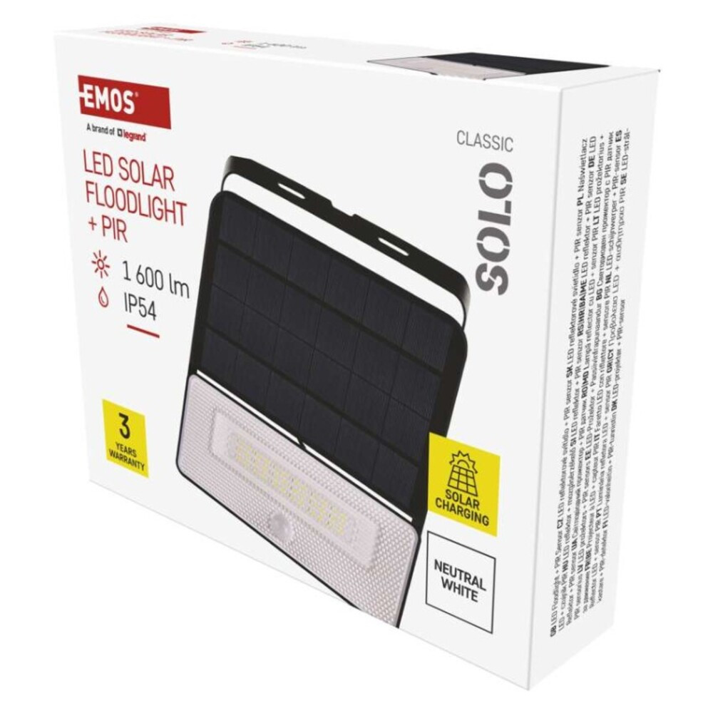 EMOS LED SOLAR reflektor hordozható SOLO, PIR, 1600lm IP54 természetes fehér, 4000K, 3,7V, CRI> 80, fekete, ZG122S