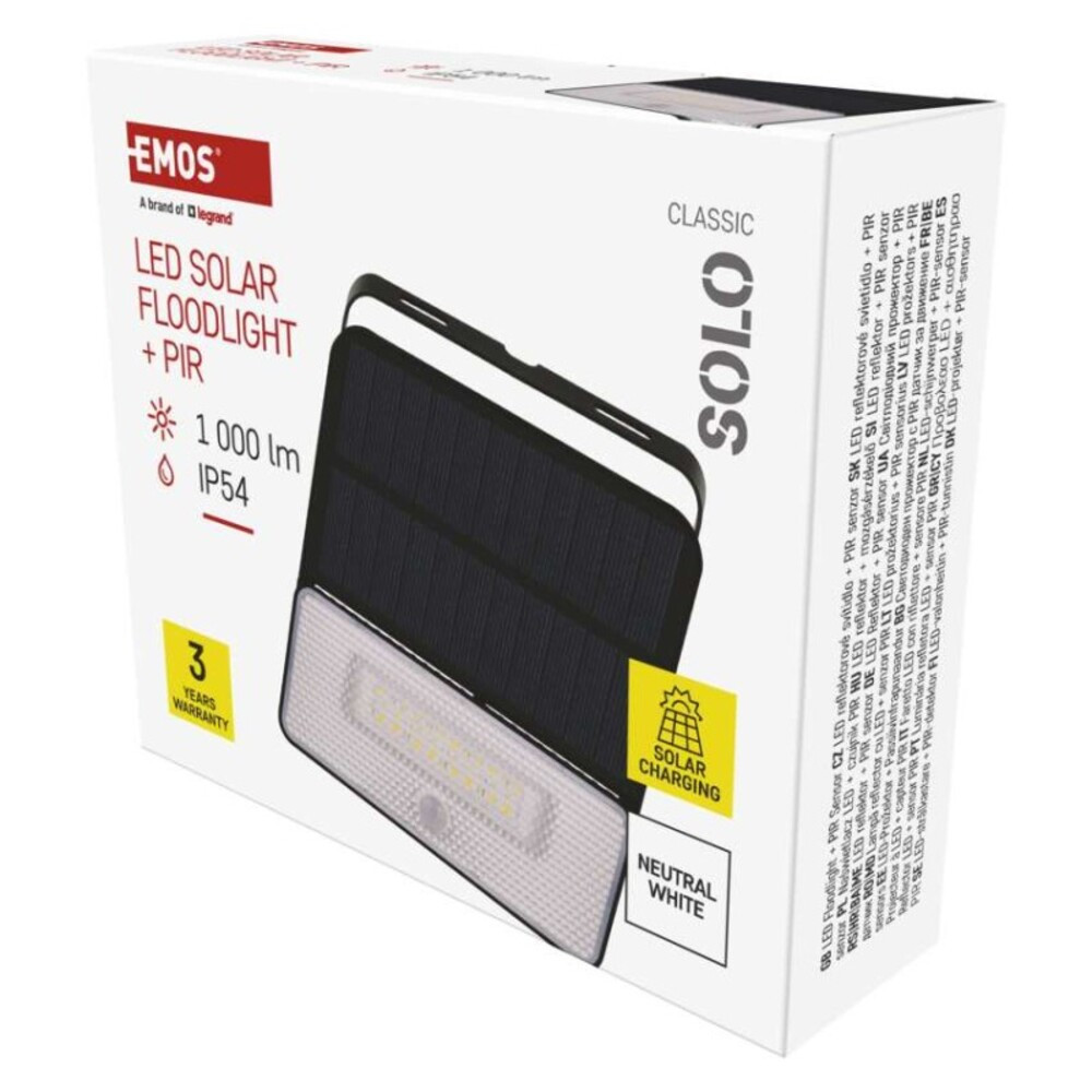 EMOS LED SOLAR reflektor hordozható SOLO, PIR, 1000lm IP54 természetes fehér, 4000K, 3,7V, CRI> 80, fekete, ZG121S