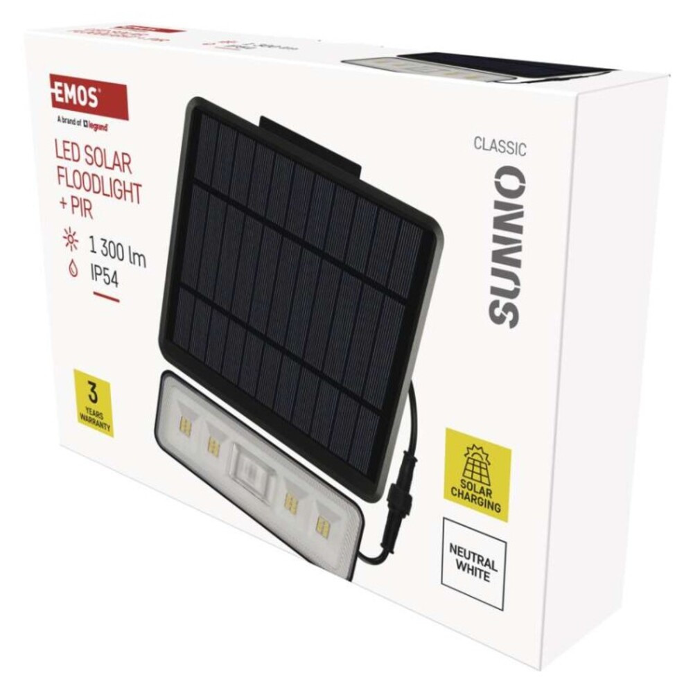 EMOS LED SOLAR reflektor hordozható SUNNO, PIR, 1300lm IP54 természetes fehér, 4000K, 3,7V, CRI> 80, fekete, ZG112S