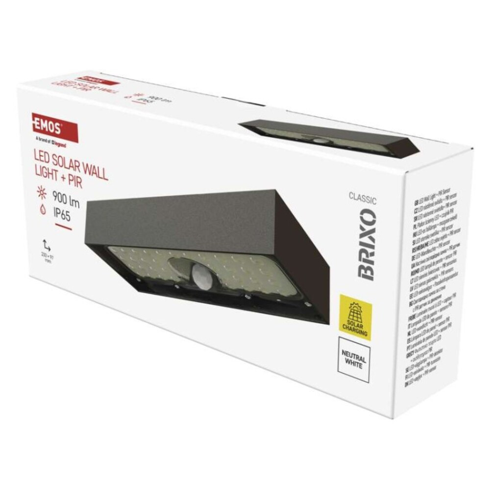 EMOS LED SOLAR lámpatest BRIXO PIR, 900lm IP65 természetes fehér, 4000K, 3,7V, CRI> 80, fekete, ZG166S