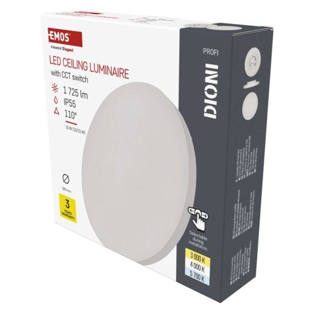 LED felületi lámpatest DIONI kerek, fehér, 15W, CCT, 1725, 220-240V, CRI> 80, IP55, EMOS, ZM7150