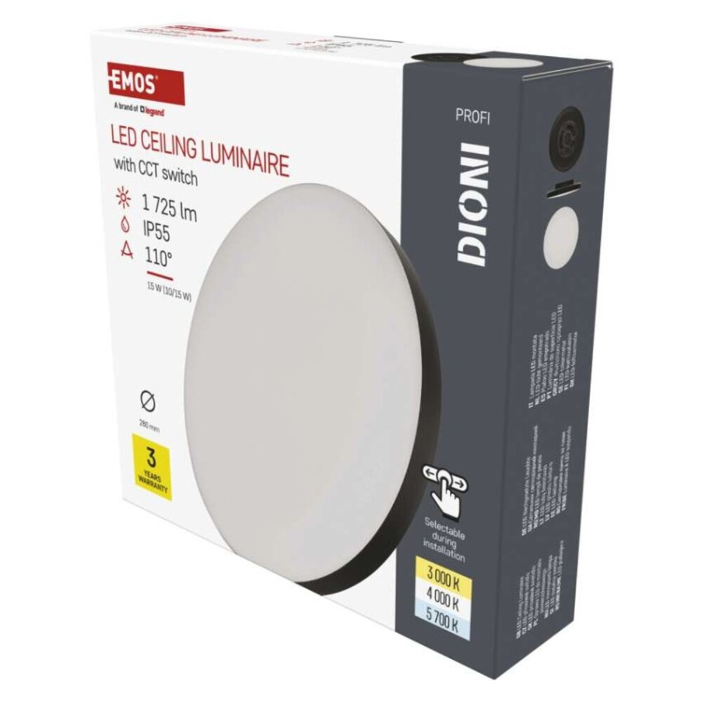LED-es felületi lámpatest DIONI kerek, fekete, 15W, változtatható CCT-vel, 1725, 220-240V, CRI> 80, IP55, EMOS, ZM7153