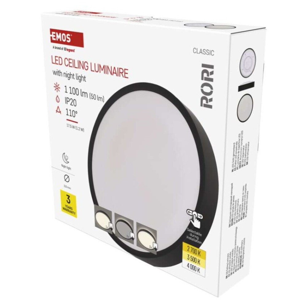 LED felületi lámpatest RORI kerek, fekete, 17W, CCT, 1100, 220-240V, CRI> 80, IP20, EMOS, ZM4401
