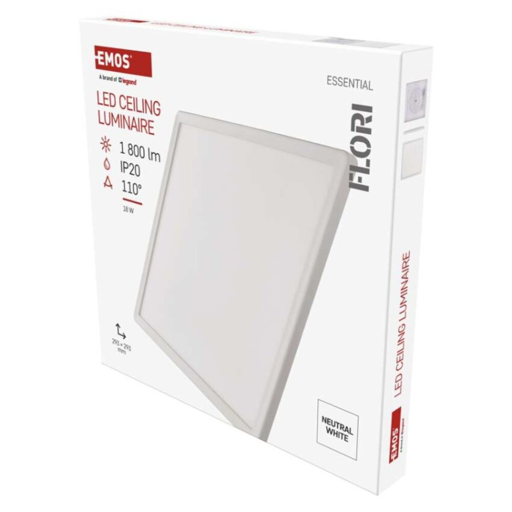 LED felületi lámpatest FLORI négyzet, fehér, 18W, semleges fehér, 4000K, 1800, 220-240V, CRI> 80, Természetes fehér, IP20, EMOS, ZM1402