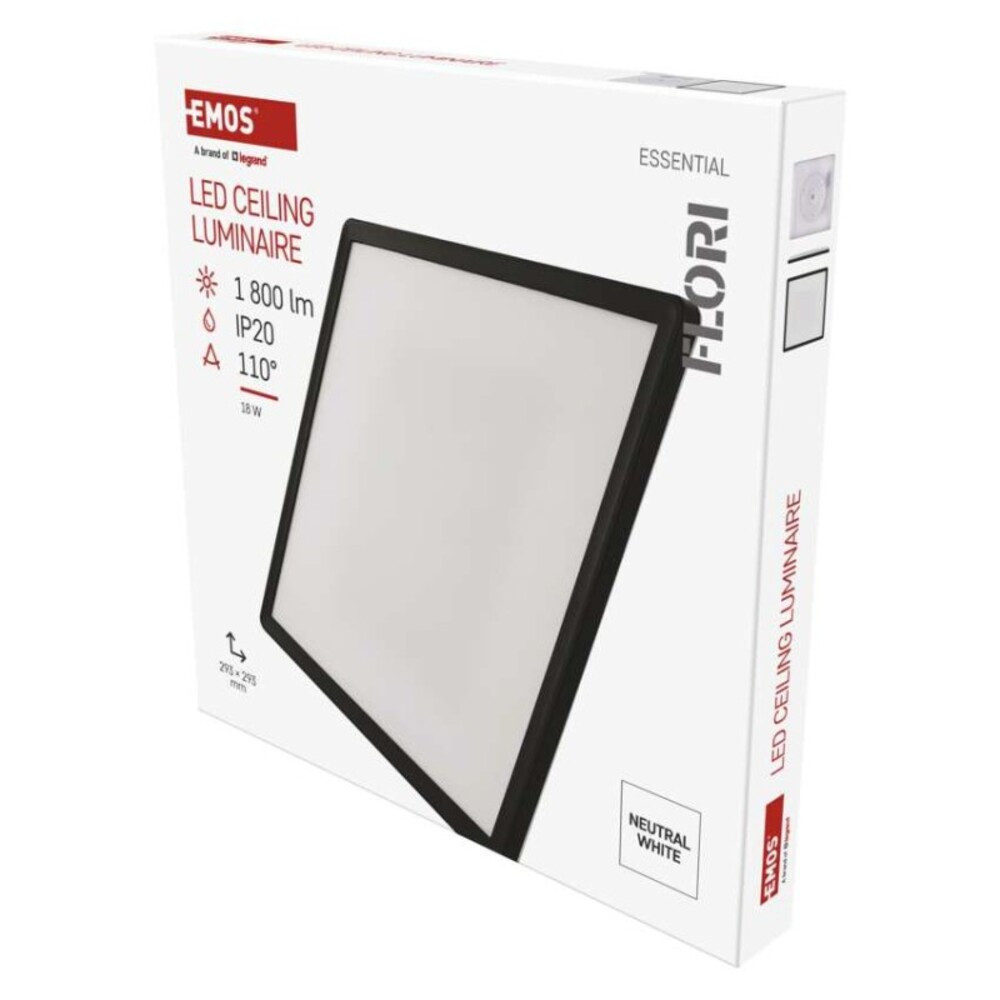 LED felületi lámpatest FLORI négyzet, fekete, 18W, semleges fehér, 4000K, 1800, 220-240V, CRI> 80, Természetes fehér, IP20, EMOS, ZM1406